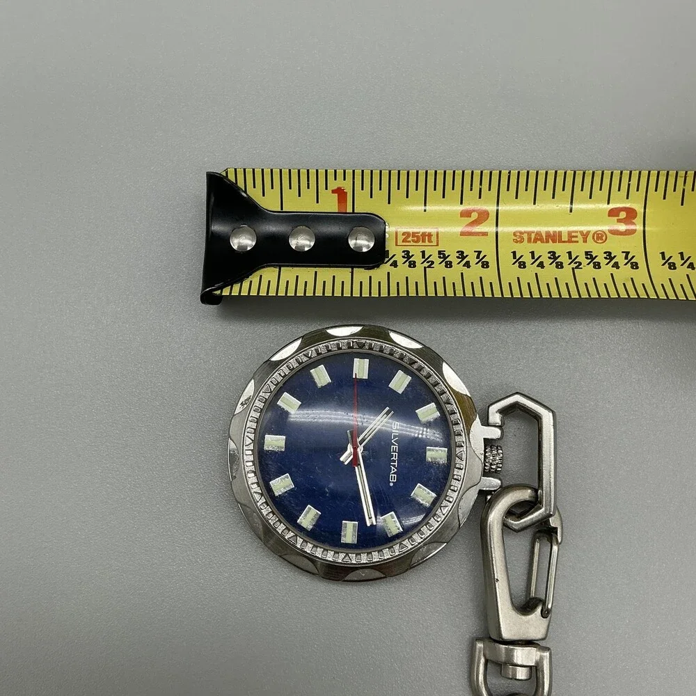 Silvertab Pocket Watch Men 44mm Silver Tone Open Face Blue Chain New Battery